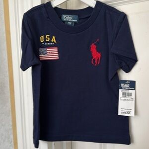 NWT Polo Ralph Lauren Navy T-Shirt with USA Flag and Red Big Pony Logo Size 18M